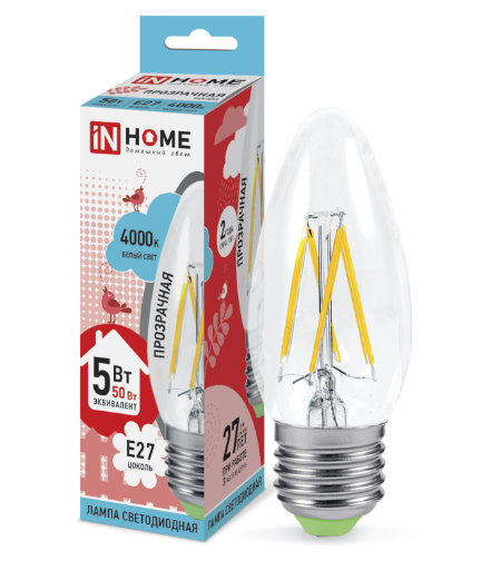Лампа светодиодная LED-СВЕЧА-deco 5Вт 230В Е27 4000К 450Лм прозрачная IN HOME