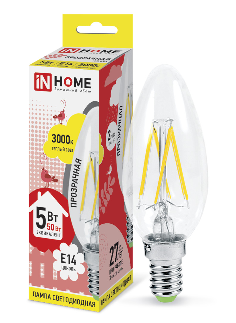 Лампа светодиодная LED-СВЕЧА-deco 5Вт 230В Е14 4000К 450Лм прозрачная IN HOME