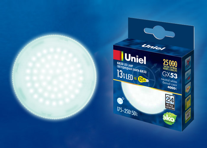 LED-GX53-13W/NW/GX53/FR PLZ01WH Лампа светодиодная, матовая. Белый свет (4000K). Картон. ТМ Uniel