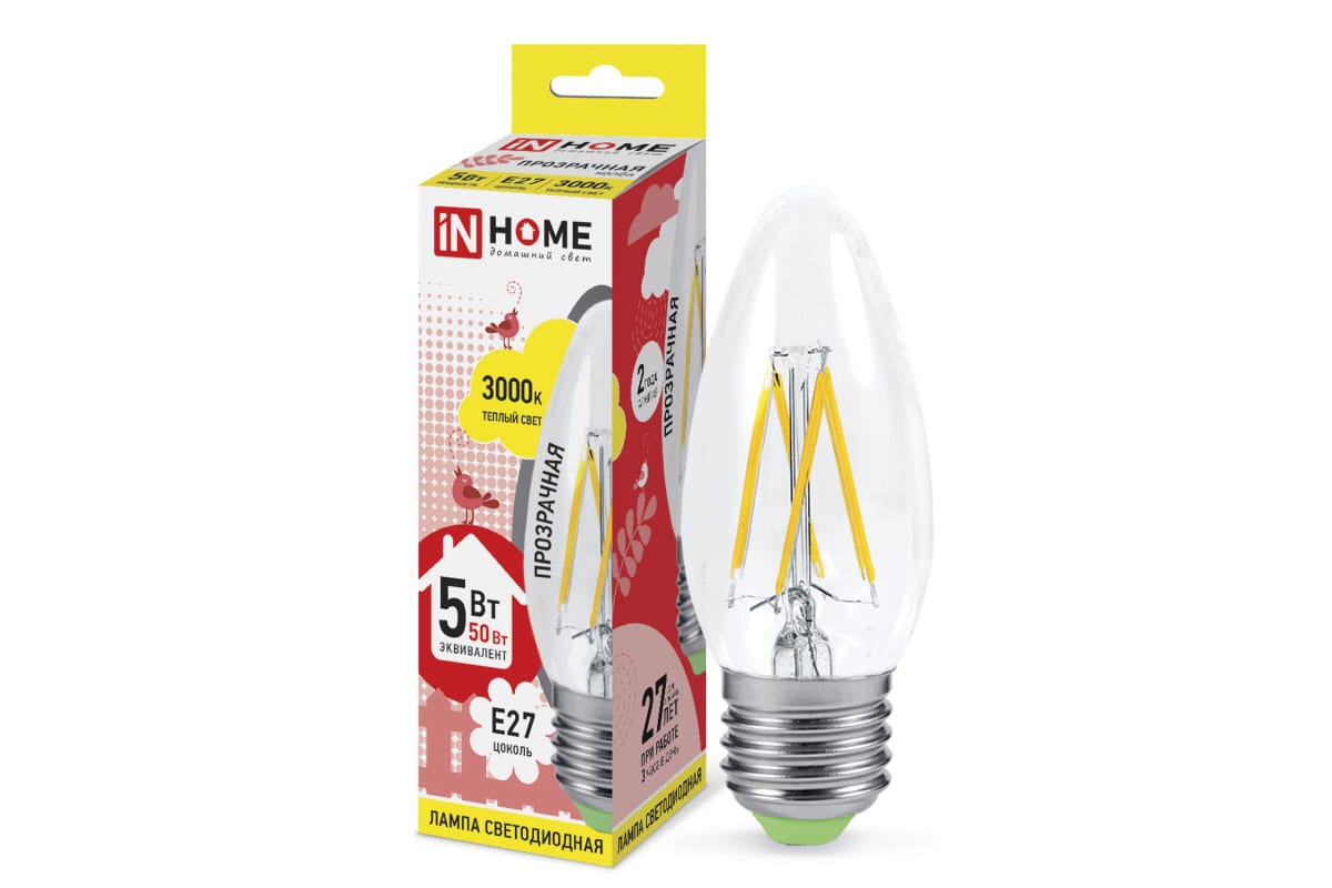 Лампа светодиодная LED-СВЕЧА-deco 5Вт 230В Е27 3000К 450Лм прозрачная IN HOME