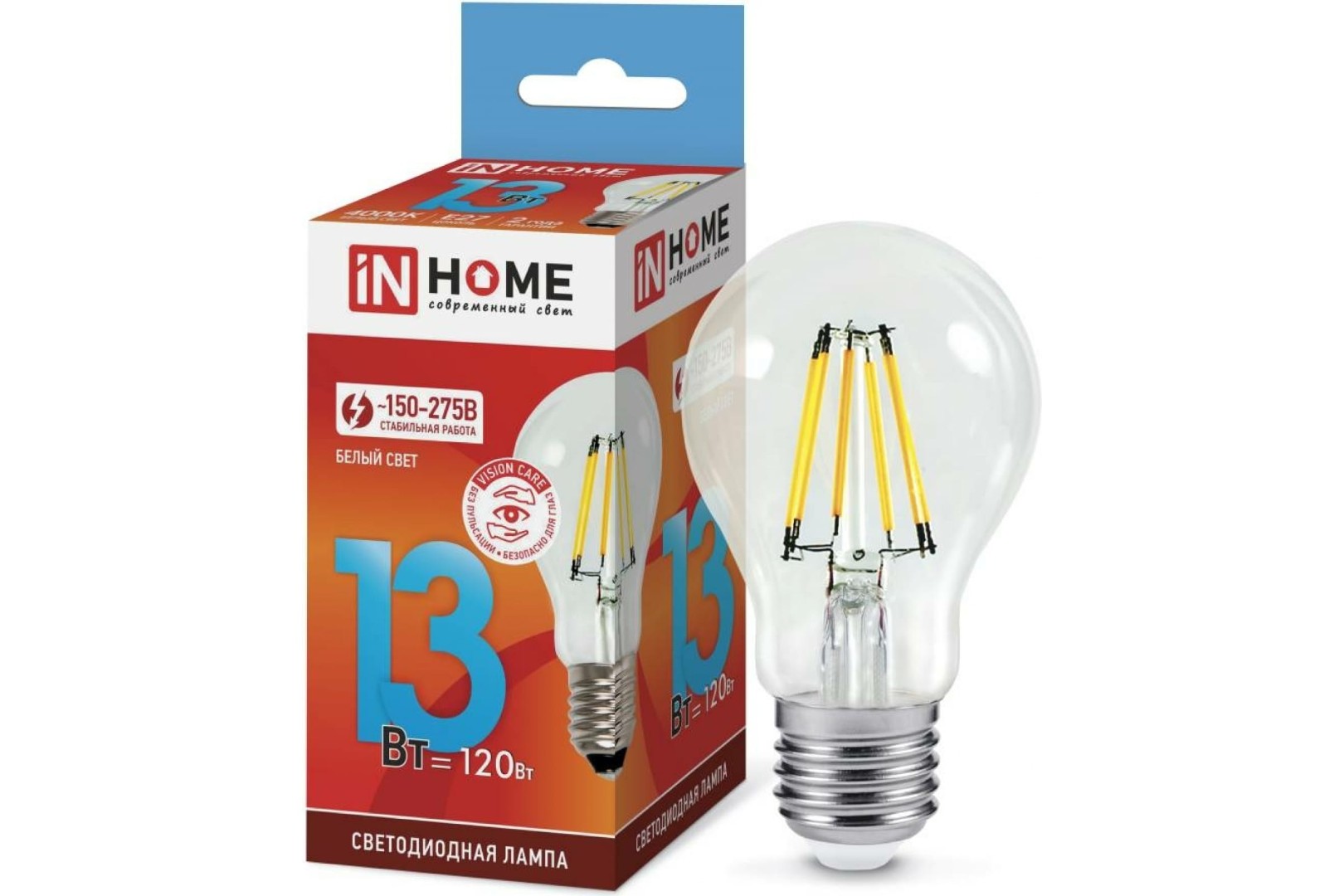 Лампа светодиодная LED-A60-deco 13Вт 230В Е27 4000К 1370Лм прозрачная IN HOME